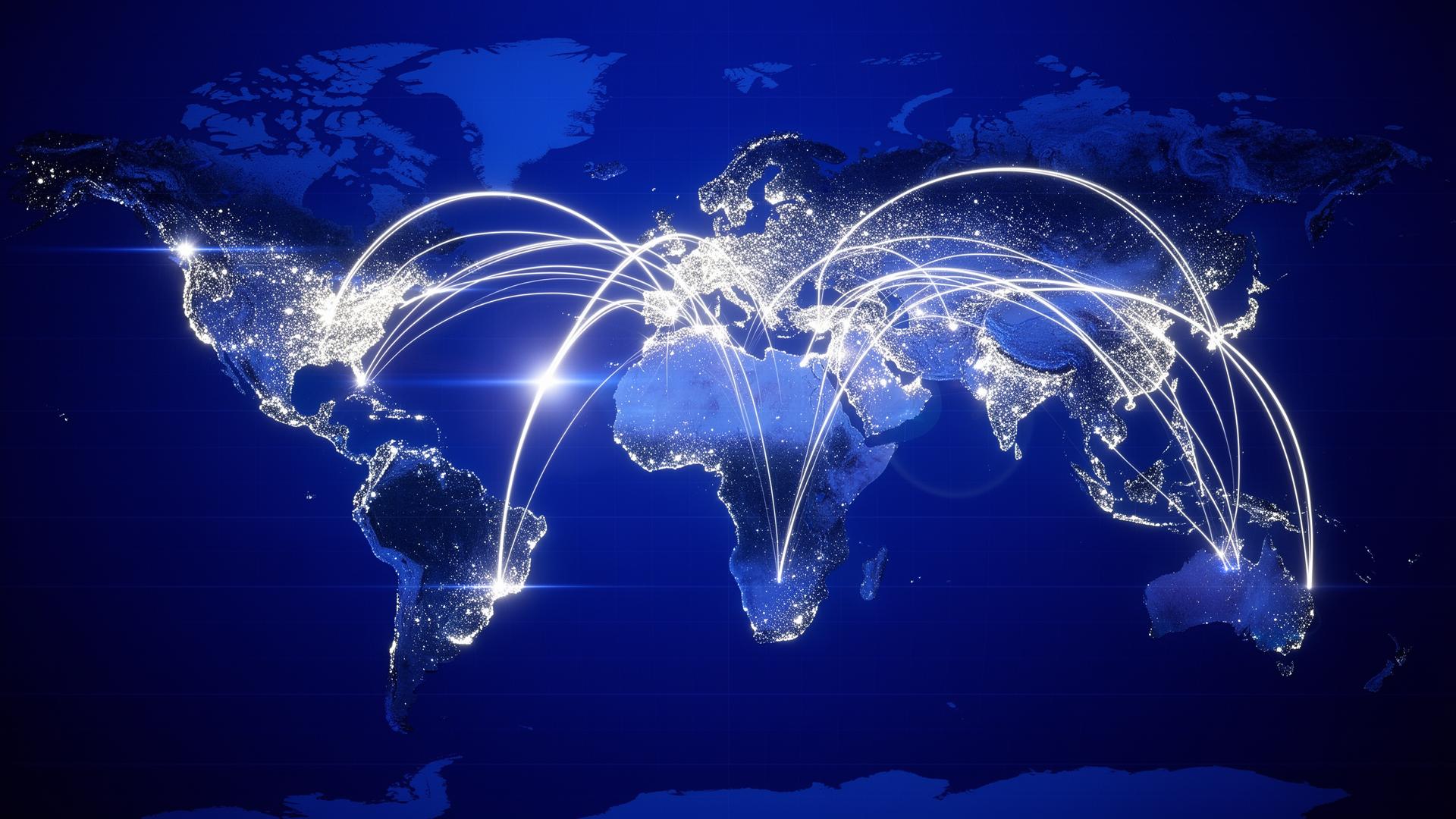 Wereldkaart met lichtgevende verbindingslijnen tussen continenten